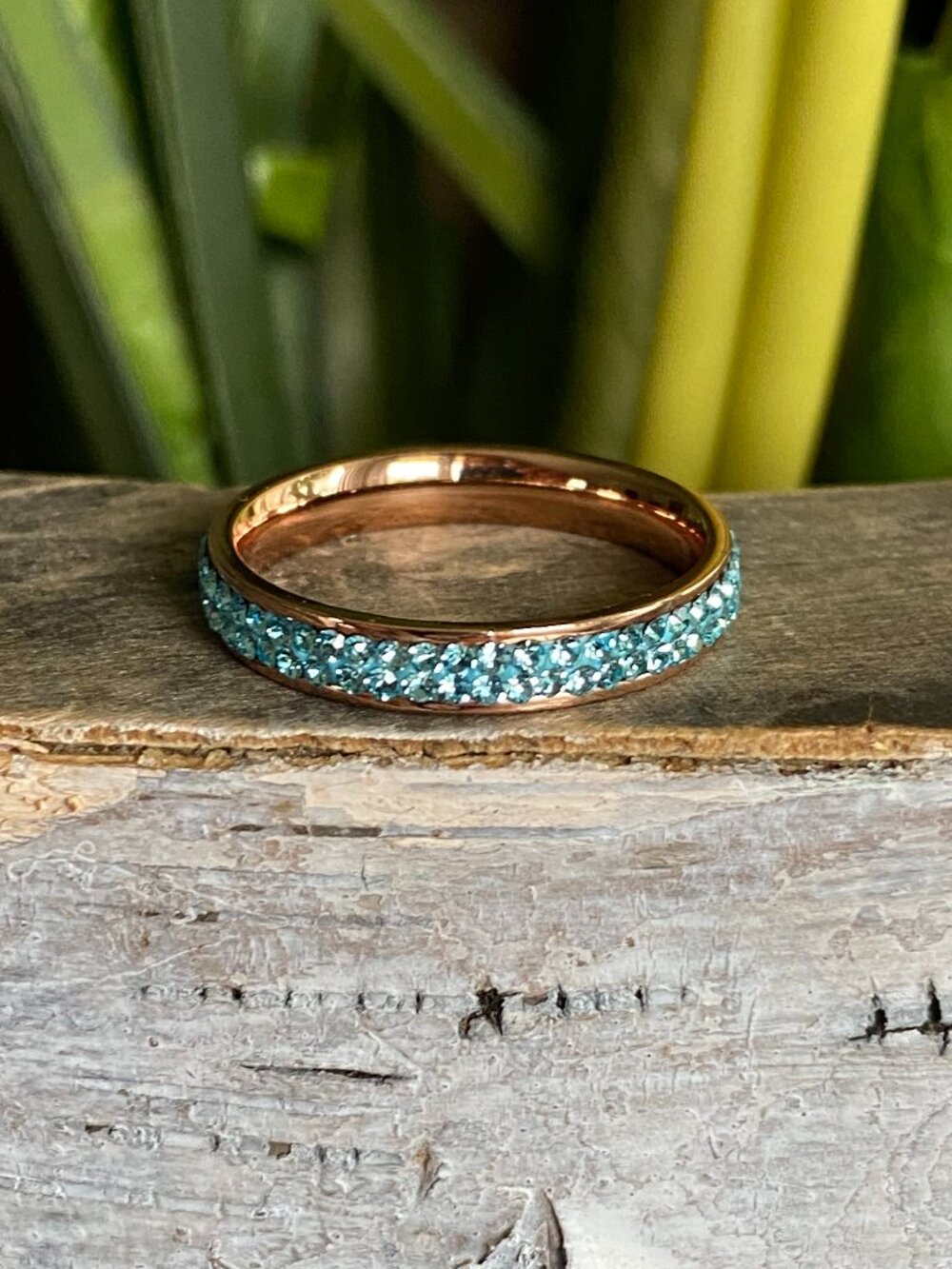 Fifth Avenue Aquamarine Blue Swarovski Crystal Eternity Ring SZ 9 Rose Gold Tone